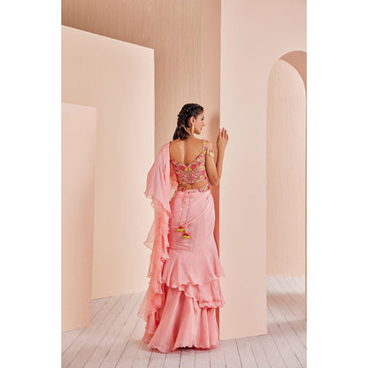 MANDIRA WIRK Chiffon Solid Saree with Embroidered Stitched Blouse and Belt