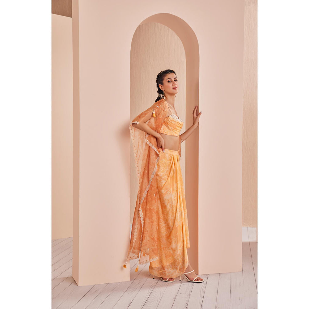 MANDIRA WIRK Orange Pancy Daisy Bustier and Skirt with Cape (Set of 3)