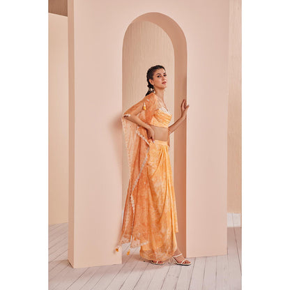 MANDIRA WIRK Orange Pancy Daisy Bustier and Skirt with Cape (Set of 3)