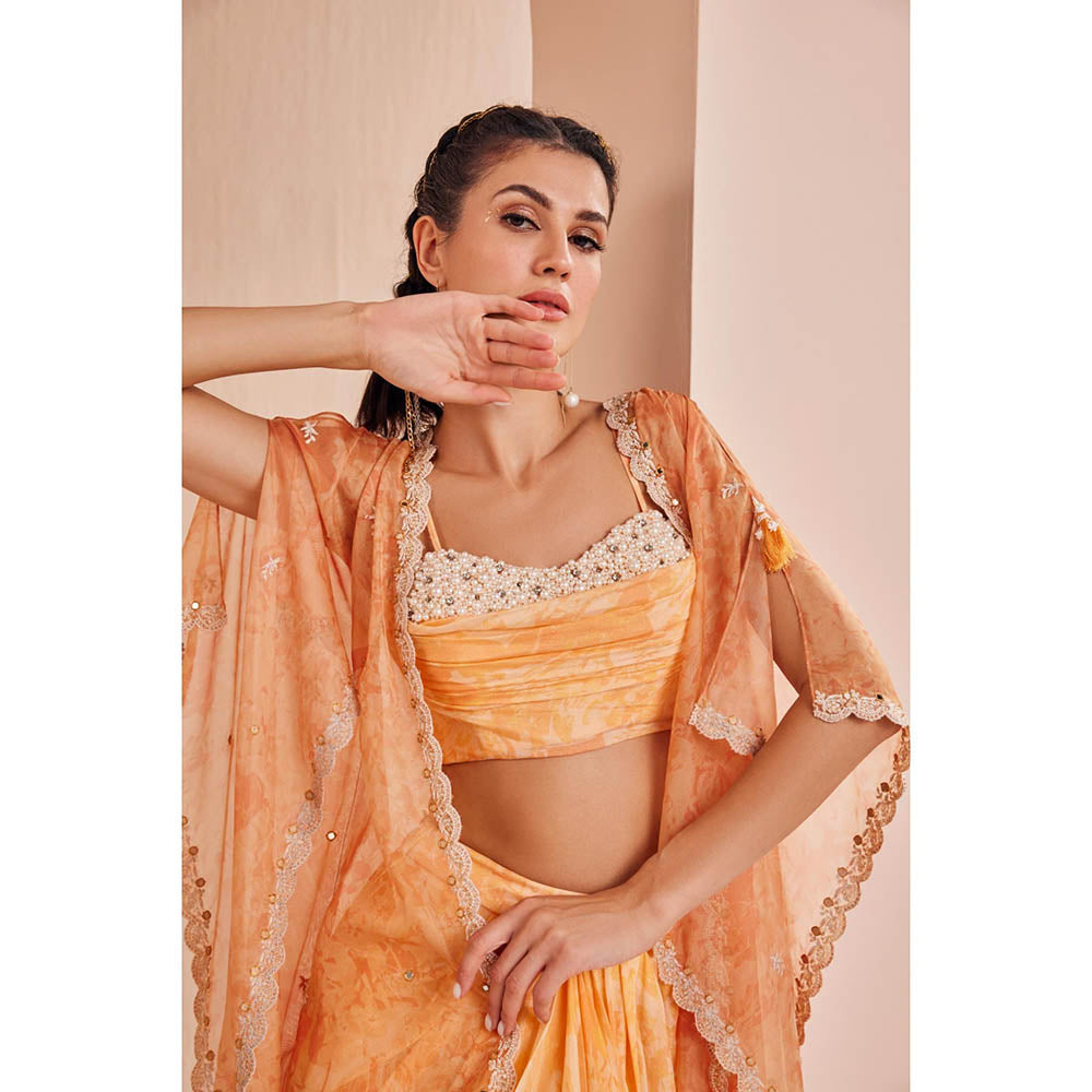 MANDIRA WIRK Orange Pancy Daisy Bustier and Skirt with Cape (Set of 3)