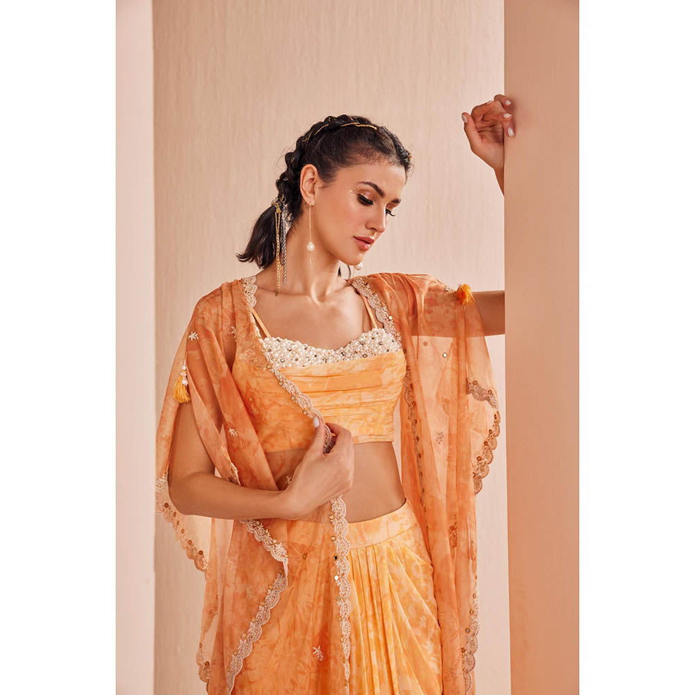 MANDIRA WIRK Orange Pancy Daisy Bustier and Skirt with Cape (Set of 3)