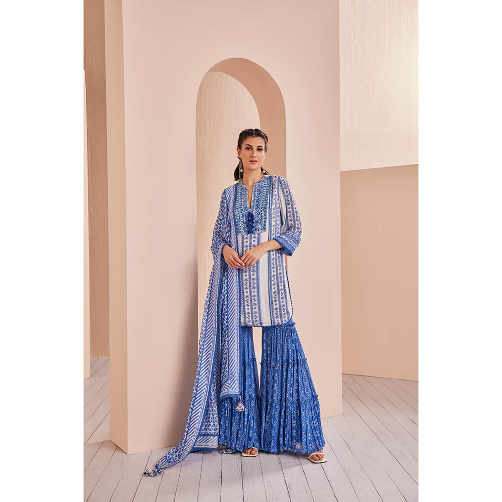 MANDIRA WIRK Blue Perwinkle Border Kurta with Sharara and Dupatta (Set of 3)