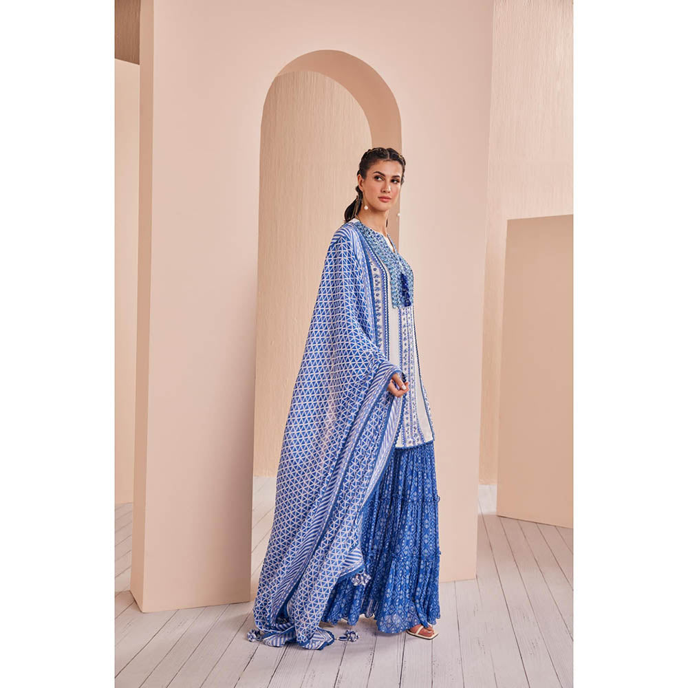 MANDIRA WIRK Blue Perwinkle Border Kurta with Sharara and Dupatta (Set of 3)