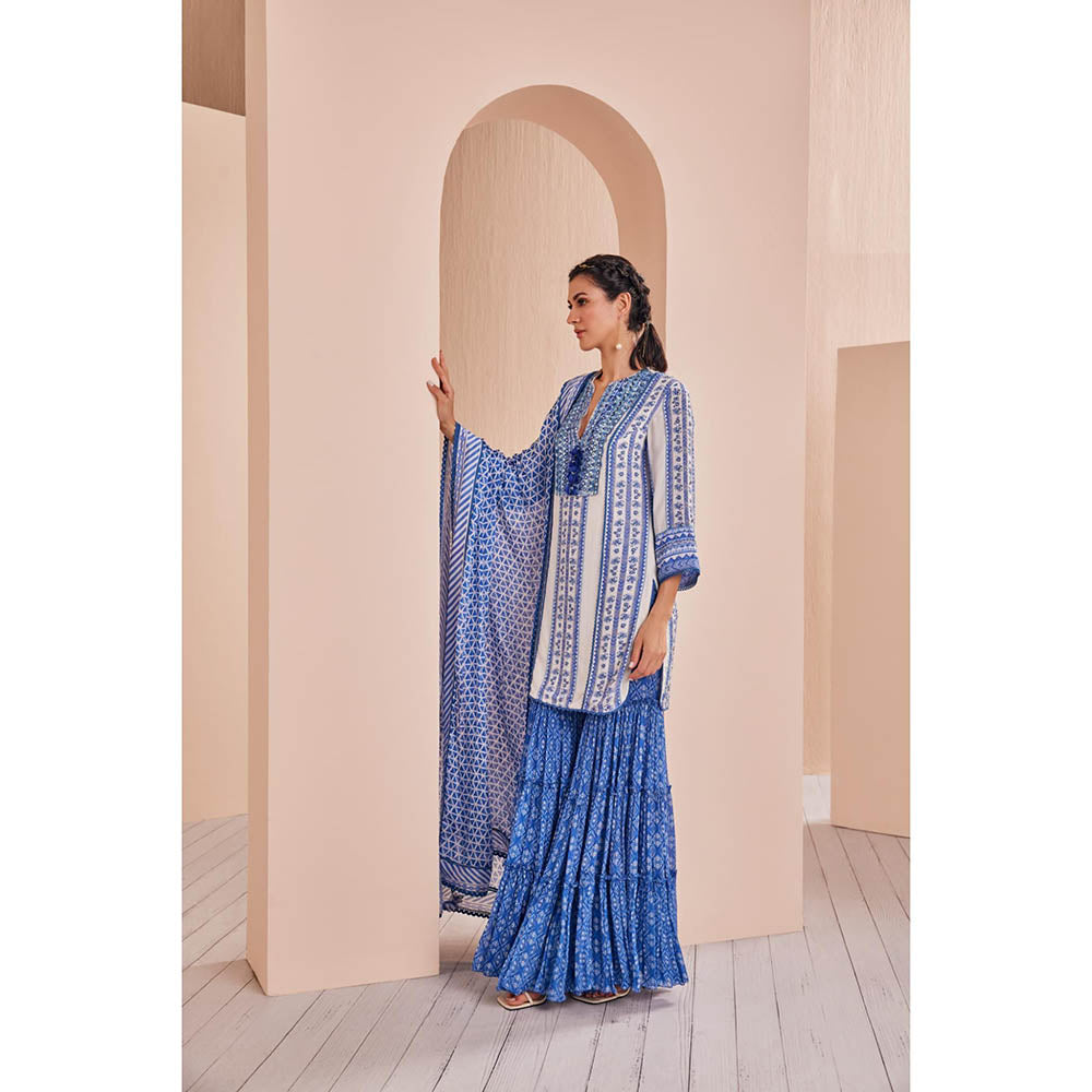 MANDIRA WIRK Blue Perwinkle Border Kurta with Sharara and Dupatta (Set of 3)