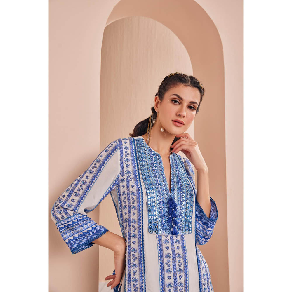 MANDIRA WIRK Blue Perwinkle Border Kurta with Sharara and Dupatta (Set of 3)
