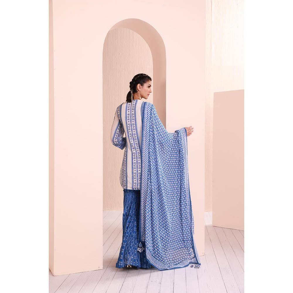MANDIRA WIRK Blue Perwinkle Border Kurta with Sharara and Dupatta (Set of 3)