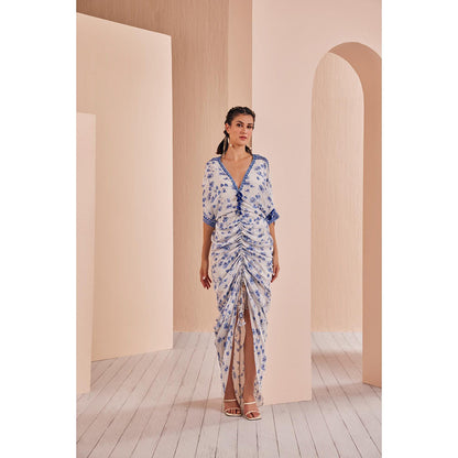 MANDIRA WIRK Blue Periwinkle Floral Rushed Kaftan (Set of 2)