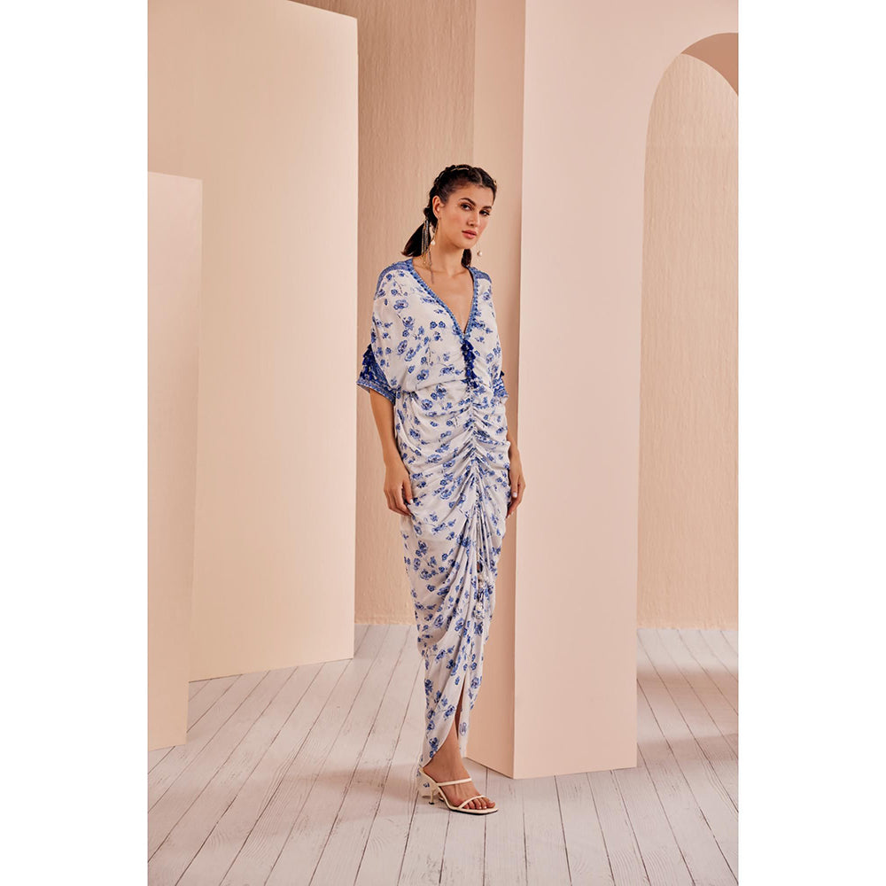 MANDIRA WIRK Blue Periwinkle Floral Rushed Kaftan (Set of 2)