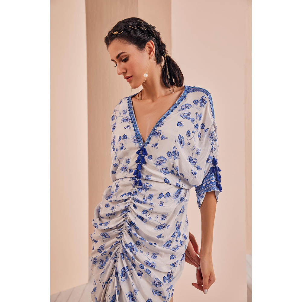 MANDIRA WIRK Blue Periwinkle Floral Rushed Kaftan (Set of 2)
