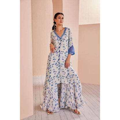 MANDIRA WIRK Blue Periwinkle Floral Printed Kurta and Sharara (Set of 2)