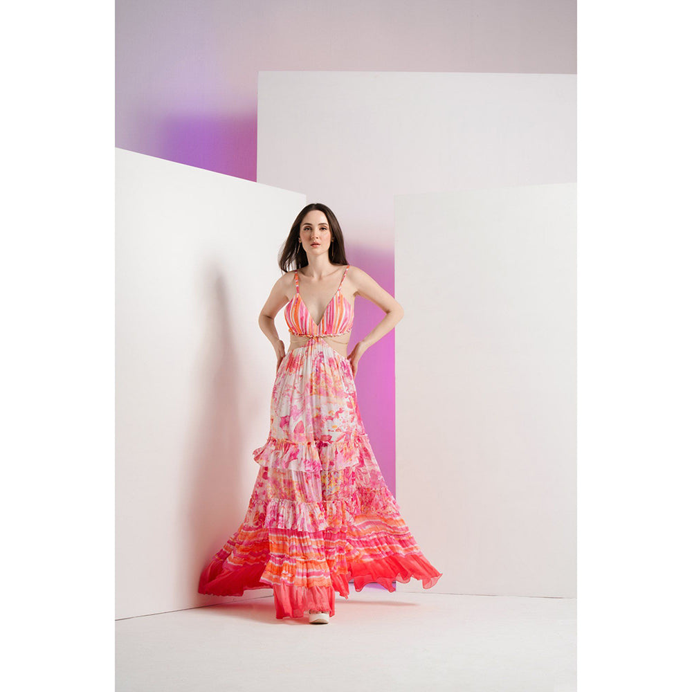 MANDIRA WIRK Pink Fancy Fusion Stylized Chain At Waist Full Length Maxi Dress