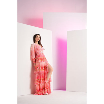 MANDIRA WIRK Pink Bud And Bloom Long Layered Maxi Dress With Belt (Set of 2)