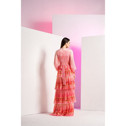 MANDIRA WIRK Pink Bud And Bloom Long Layered Maxi Dress With Belt (Set of 2)
