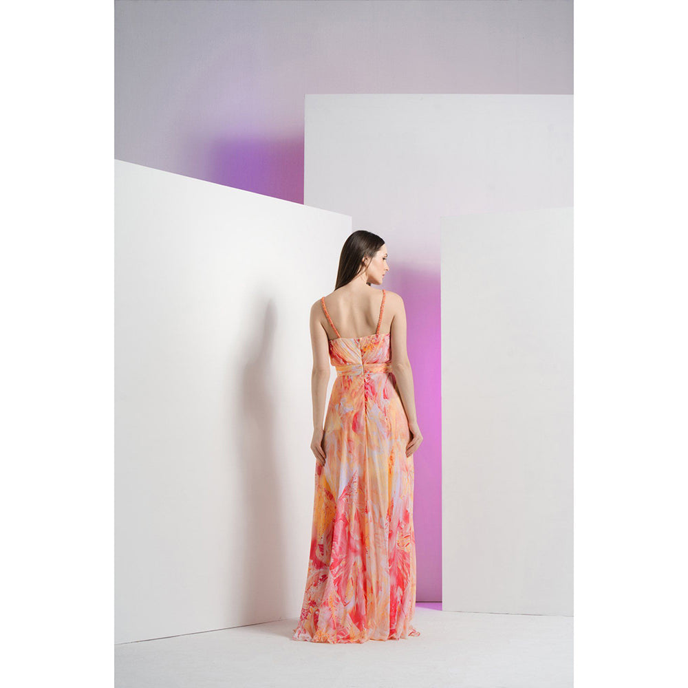 MANDIRA WIRK Peach Raw Crystal Asymmetric Maxi Dress