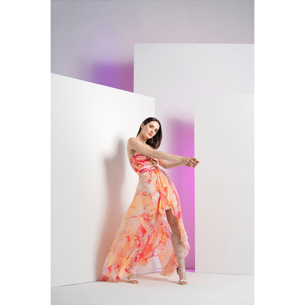 MANDIRA WIRK Peach Raw Crystal Asymmetric Maxi Dress