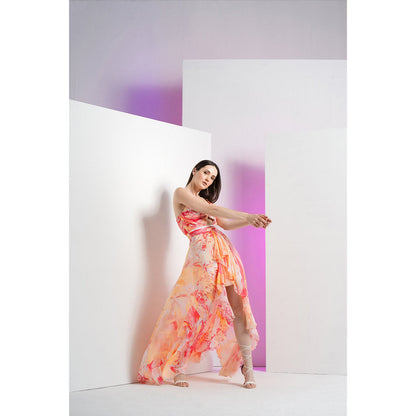 MANDIRA WIRK Peach Raw Crystal Asymmetric Maxi Dress