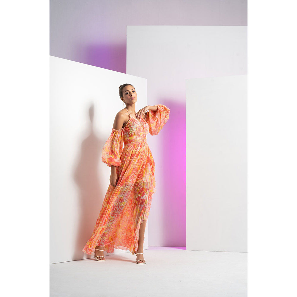 MANDIRA WIRK Orange Pancy Daisy Long Halter Neck Maxi Dress