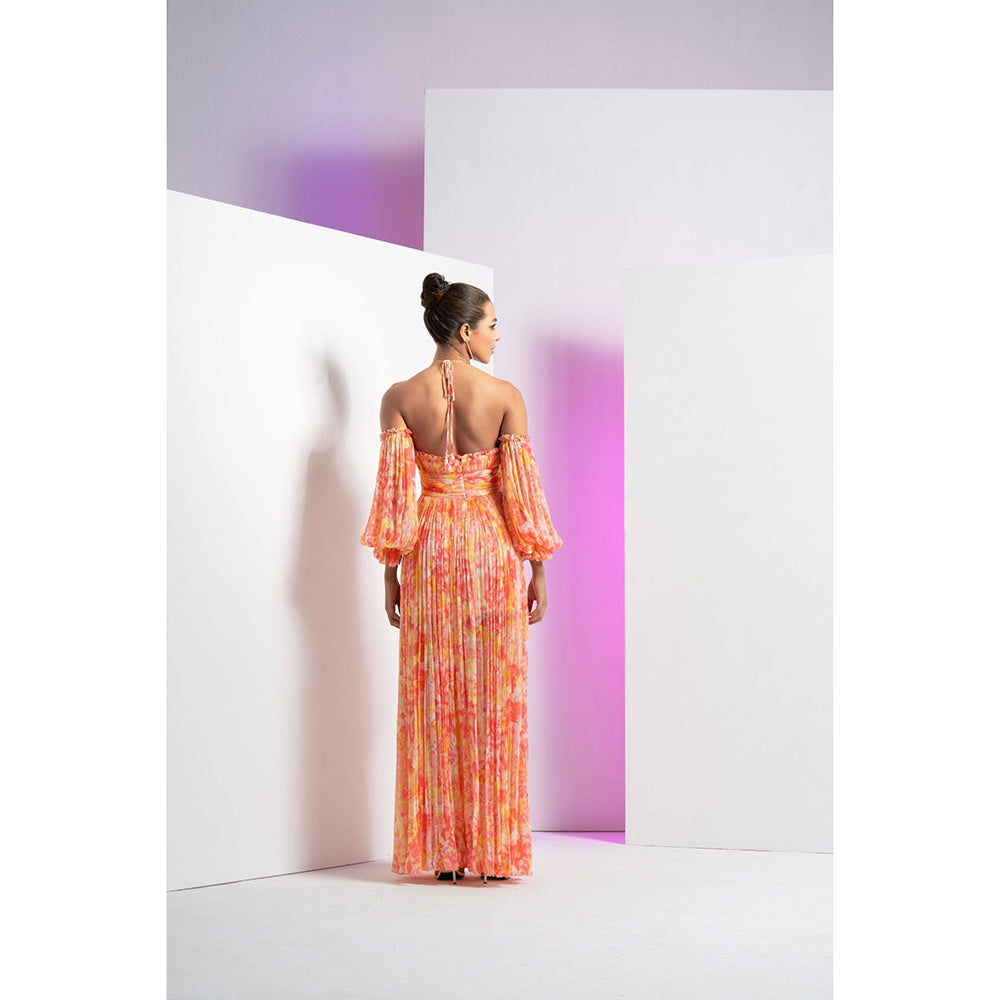 MANDIRA WIRK Orange Pancy Daisy Long Halter Neck Maxi Dress