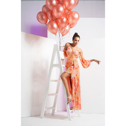 MANDIRA WIRK Orange Pancy Daisy Long Halter Neck Maxi Dress