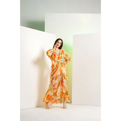 MANDIRA WIRK Orange Lilium Chiffon Waist Buckle Details Maxi Dress