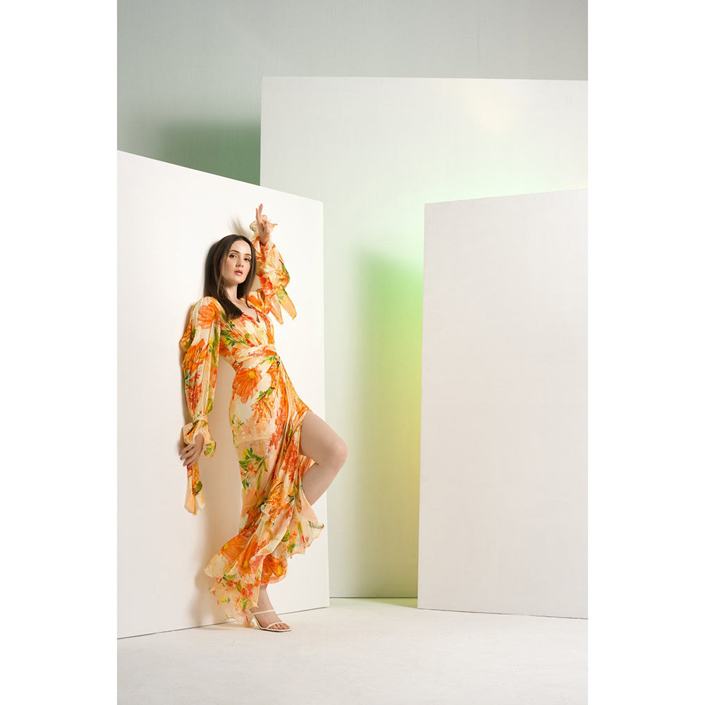 MANDIRA WIRK Orange Lilium Chiffon Waist Buckle Details Maxi Dress