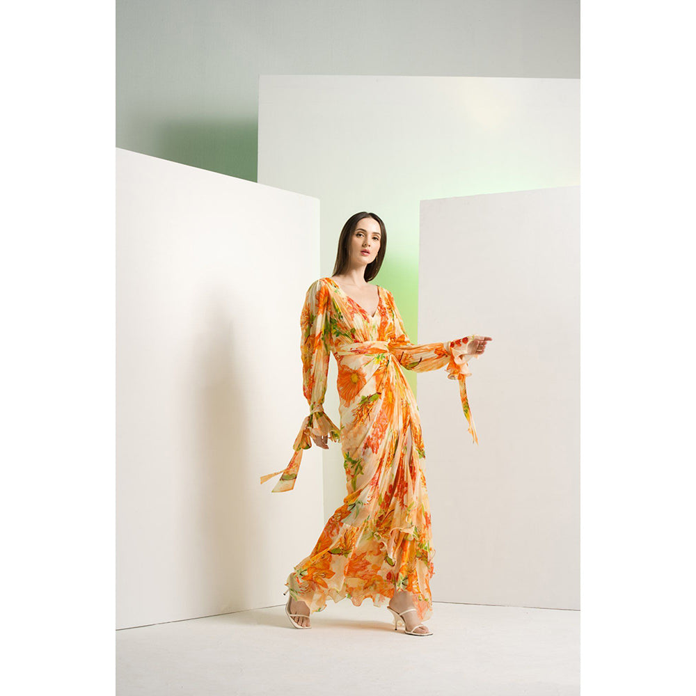 MANDIRA WIRK Orange Lilium Chiffon Waist Buckle Details Maxi Dress