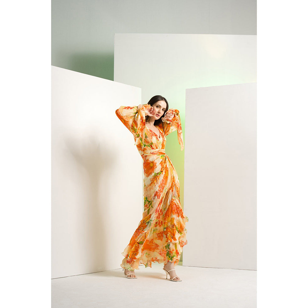 MANDIRA WIRK Orange Lilium Chiffon Waist Buckle Details Maxi Dress