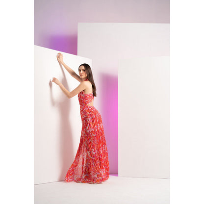MANDIRA WIRK Red Geometric Chaos Stylized Back Full Length Maxi Dress