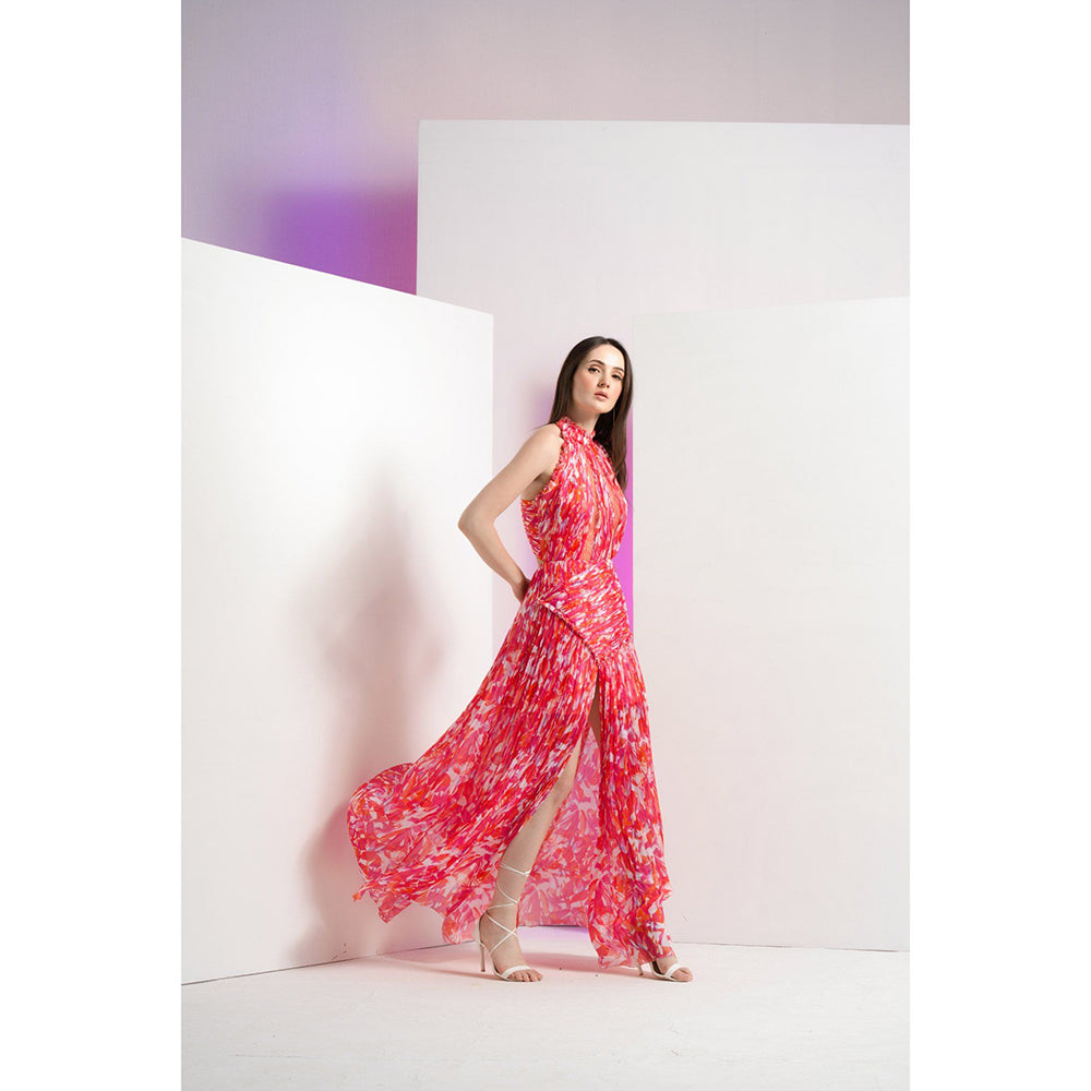 MANDIRA WIRK Red Geometric Chaos Stylized Back Full Length Maxi Dress