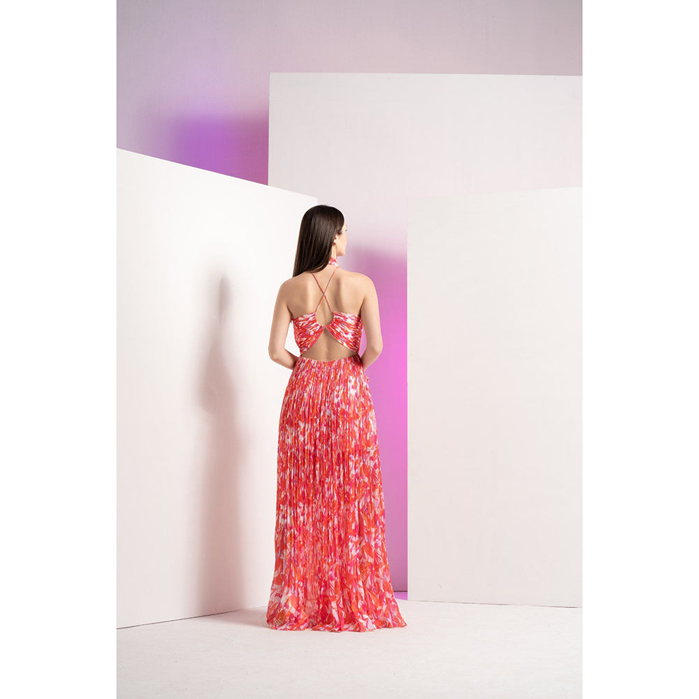 MANDIRA WIRK Red Geometric Chaos Stylized Back Full Length Maxi Dress