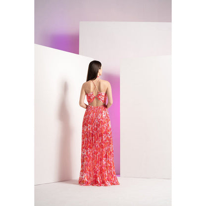 MANDIRA WIRK Red Geometric Chaos Stylized Back Full Length Maxi Dress