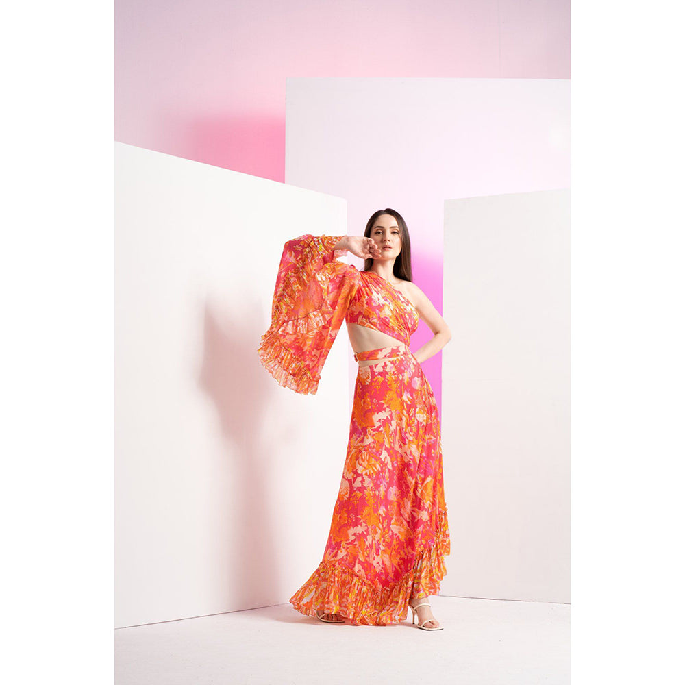 MANDIRA WIRK Orange Twisted Femme Asymmetric Full Length Maxi Dress