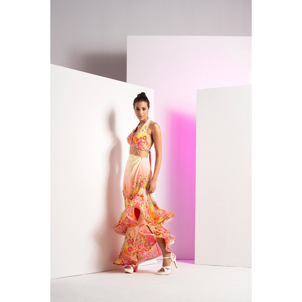 MANDIRA WIRK Multi-Colour Dainty Floret Asymmetric With Back Tie Up Maxi Dress