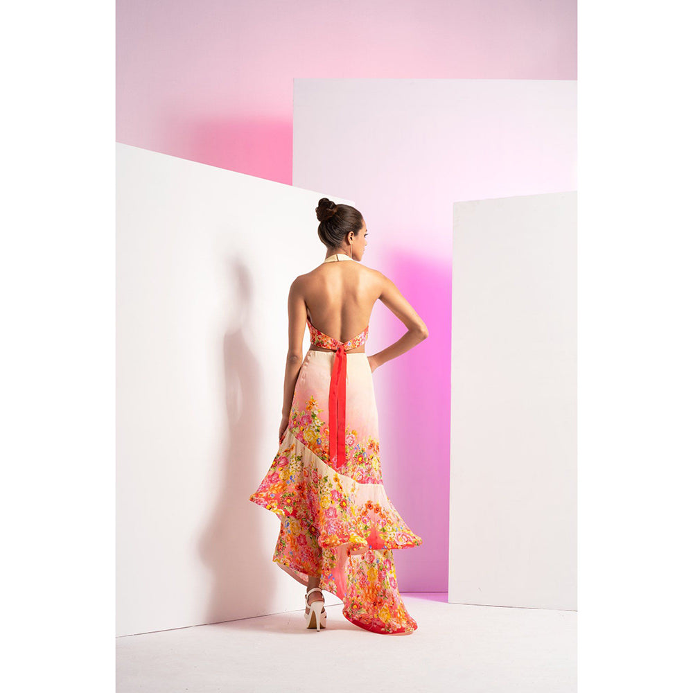 MANDIRA WIRK Multi-Colour Dainty Floret Asymmetric With Back Tie Up Maxi Dress