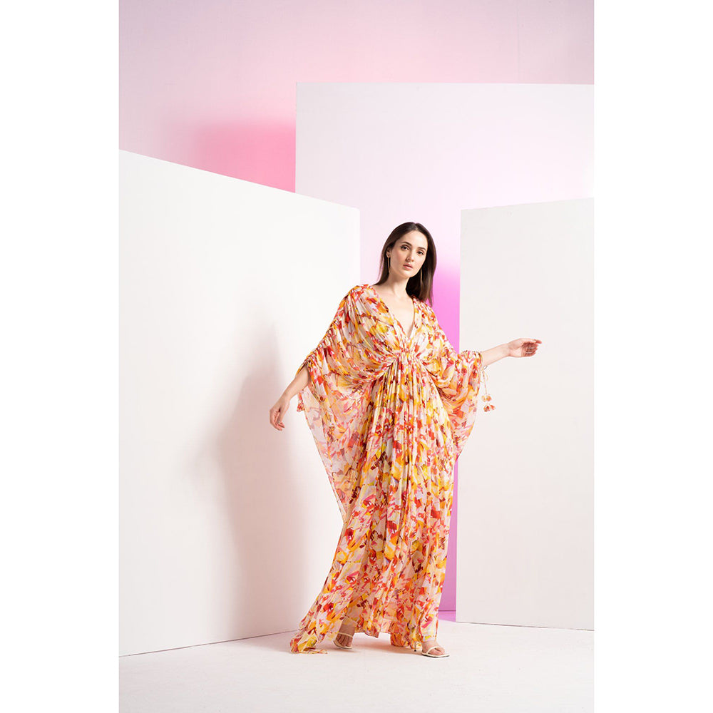 MANDIRA WIRK Yellow Geometric Chaos Kaftan Full Length Maxi Dress