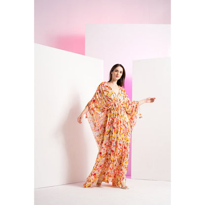 MANDIRA WIRK Yellow Geometric Chaos Kaftan Full Length Maxi Dress