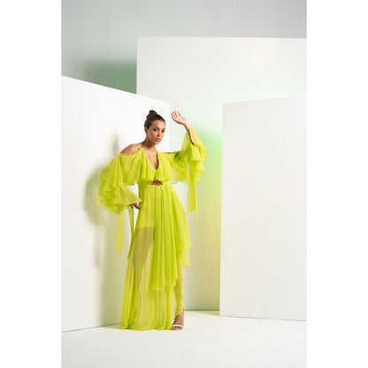 MANDIRA WIRK Lime Green Asymmetric Maxi Dress