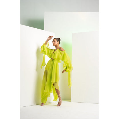 MANDIRA WIRK Lime Green Asymmetric Maxi Dress