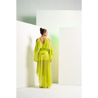 MANDIRA WIRK Lime Green Asymmetric Maxi Dress