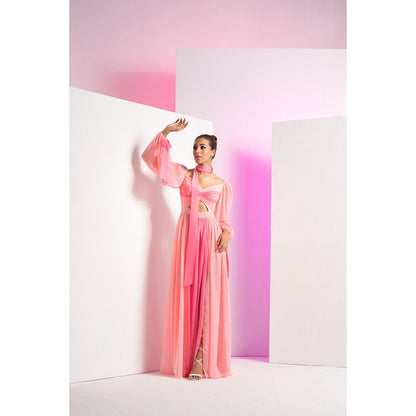 MANDIRA WIRK Fondant Pink Sleeve Tie-Up And Front Slit In Long Maxi Dress