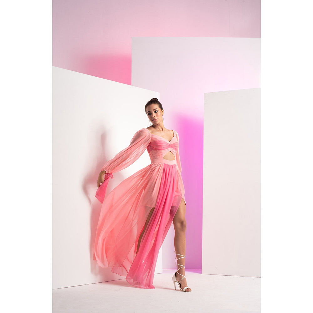 MANDIRA WIRK Fondant Pink Sleeve Tie-Up And Front Slit In Long Maxi Dress