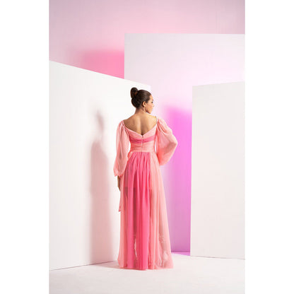 MANDIRA WIRK Fondant Pink Sleeve Tie-Up And Front Slit In Long Maxi Dress