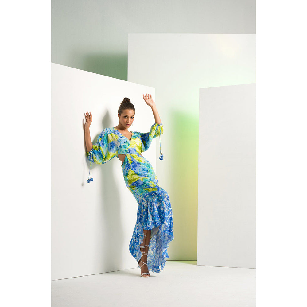 MANDIRA WIRK Matched Blue Printed Camo Asymmetric Maxi Dress