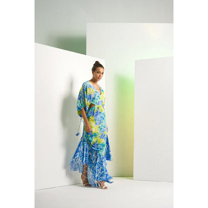 MANDIRA WIRK Matched Blue Printed Camo Asymmetric Maxi Dress