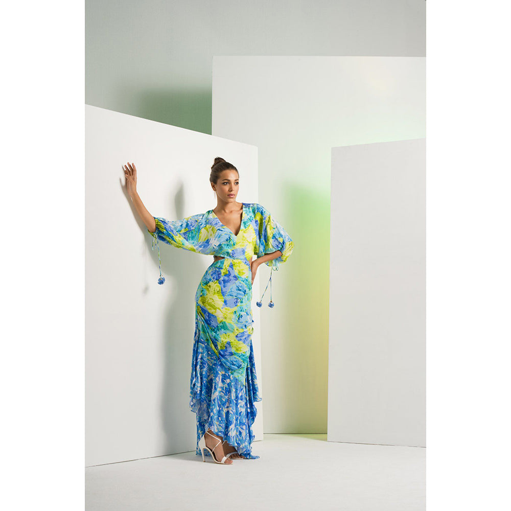 MANDIRA WIRK Matched Blue Printed Camo Asymmetric Maxi Dress