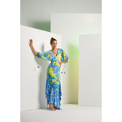 MANDIRA WIRK Matched Blue Printed Camo Asymmetric Maxi Dress