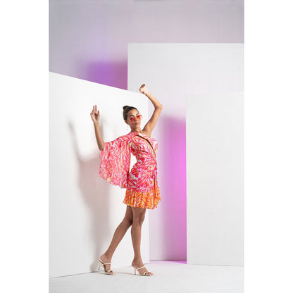 MANDIRA WIRK Pink Twisted Leaf With Front Cut Out Detailed Mini Dress