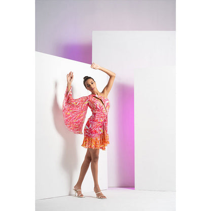 MANDIRA WIRK Pink Twisted Leaf With Front Cut Out Detailed Mini Dress