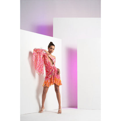 MANDIRA WIRK Pink Twisted Leaf With Front Cut Out Detailed Mini Dress