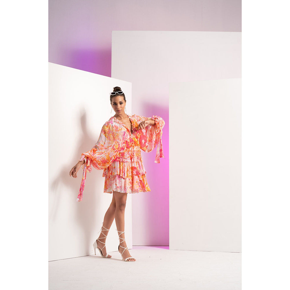 MANDIRA WIRK Orange Fancy Fusion Floral Short Tiered Mini Dress